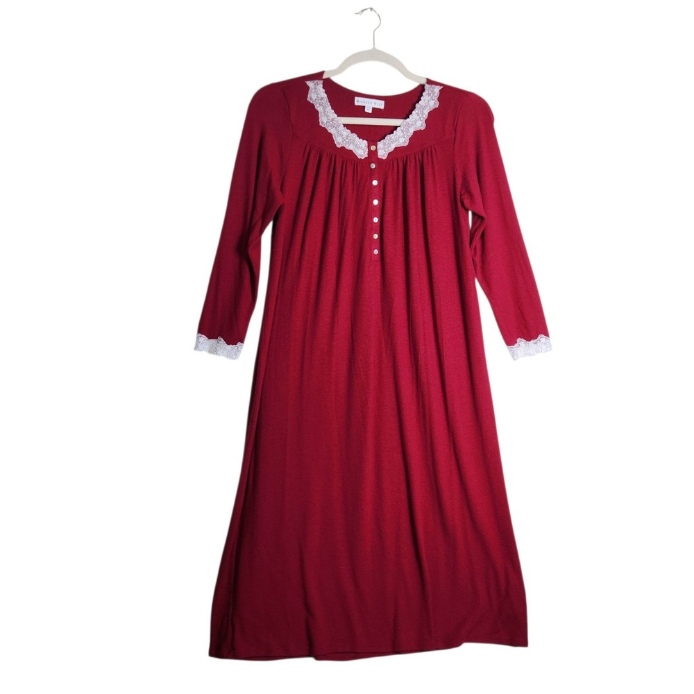 Eileen West Womens Red Lace Trim Long Sleeve Nightgown Rayon Blend Size M
